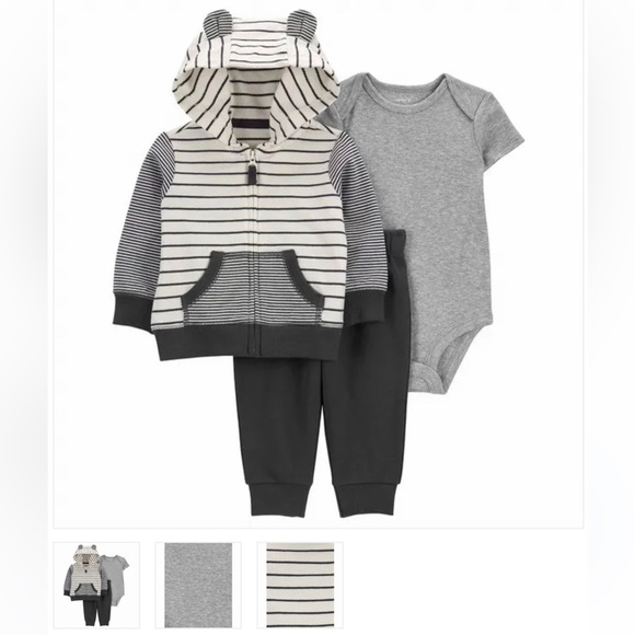 CARTER'S 3-Piece Little Jacket Set 3D Ears Baby Boy Grey Heathered newborn NWT - Picture 4 of 11